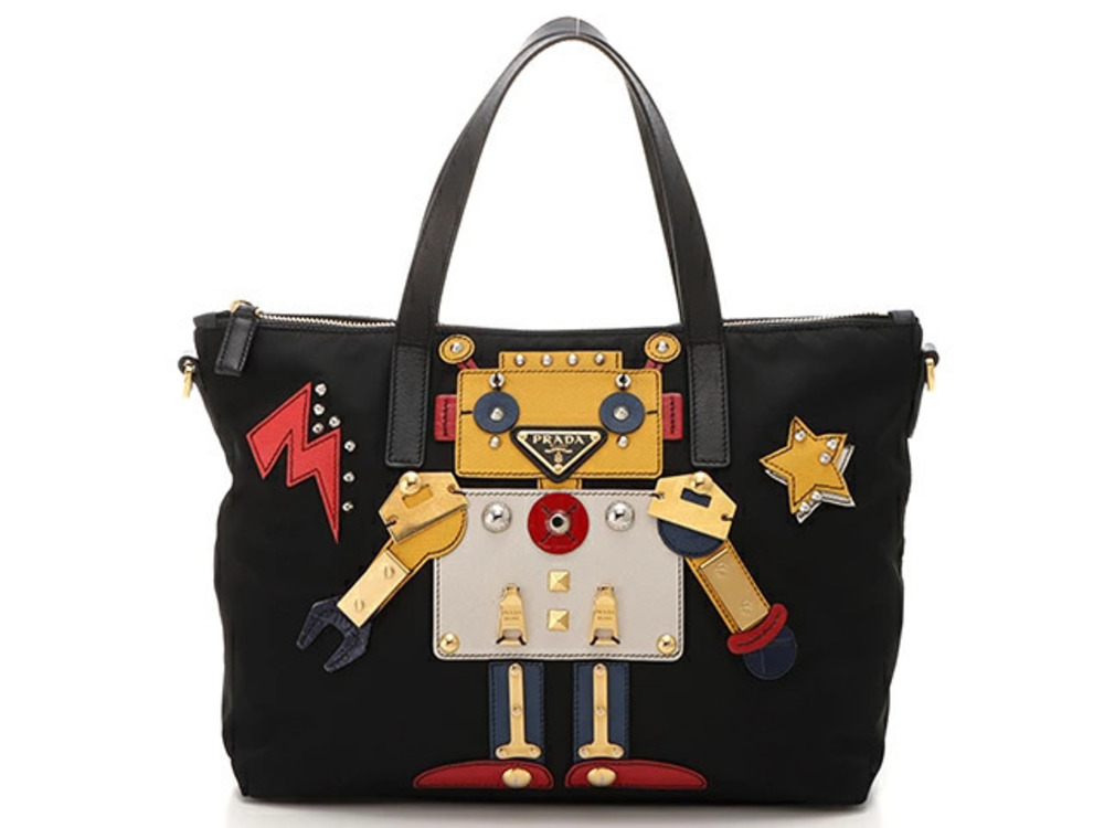 Prada Robot Shoulder Bag Saffiano Leather Black Multi